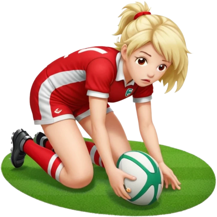 Chica de pelo rugby tirada en el suelo de un campo de rugby boca abajo agarrando un balón con las manos vestida con una equipación de color rojo y blanco con líneas y con unas botas de tacos de fútbol, con un bucal en la boca emoji
