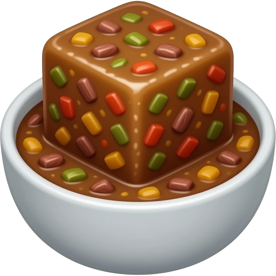 A Bean Stew but frozen in a cube. Blend the Cube with the Stew. Add some veggies and beef. The ice cube should be the soup and there should be no ceramic. Get the outwards of the icecube to match the color of the inner stew content. Dark Brown toned emoji