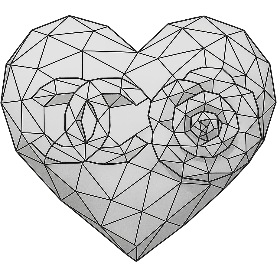 Chanel heart with camellia flower, low poly wireframe style, geometric, black and white emoji