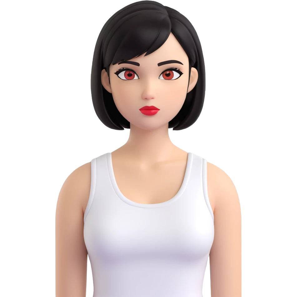 A pretty girl with black straight bob hair. She has hazel eyes with black eyeliner. She has plump red lips. She is wearing a white tank top emoji