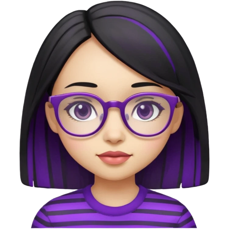 chica bonita con ligero cabello negro con rayas moradas que llega hasta los hombros con lentes cuadrados de estatura pequeña emoji