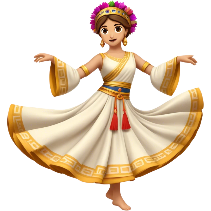 Cinematic Realistic Sirtaki Dance Emoji, depicted as a vibrant traditional Greek dance scene with flowing movements and expressive costumes, rendered with dynamic textures and warm festive lighting that captures its cultural exuberance. emoji