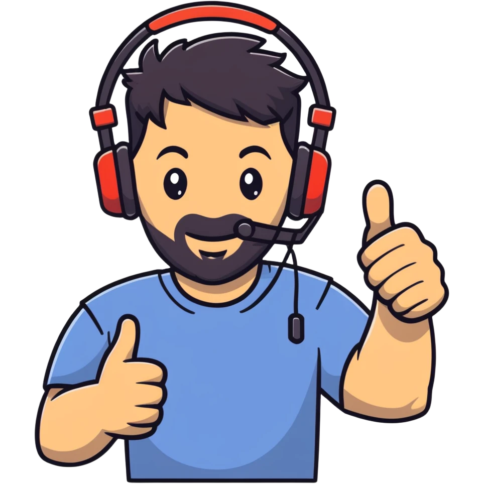 Man with black hair, brown eyes, and black beard wearing gaming headset giving a thumbs up gesture emoji