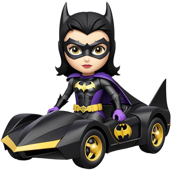 scale racing sexy fitted Batgirl’s heroically armored midnight-colored tight outfit 1970’s tv style dark knight stealthy accurate sporty safe plush deluxe off-road pursuit drifting F1 town car (black hair, shoulders back against seat) rally vehicle  emoji