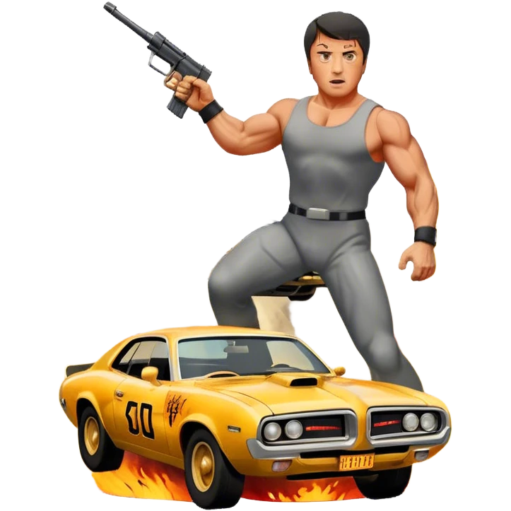 Icon for Action Movie: A vintage movie poster-style design featuring intense action scenes with explosions, weapons, and dramatic poses of Stallone. Include cars and helicopters flying out of flames in the background. Bold typography and retro cinematic style. Transparent background. emoji