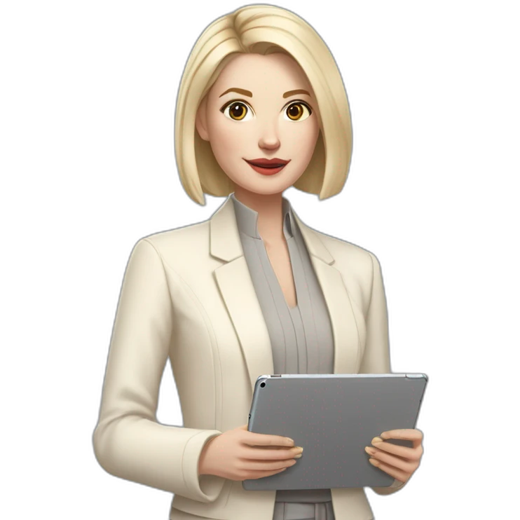 pale skin woman with ash blonde Straightened bob Hair, White Spacious classical jacket, beige palazzo Arrow pants and gray blouse holding a IPad Pro 12.9” in the hands emoji