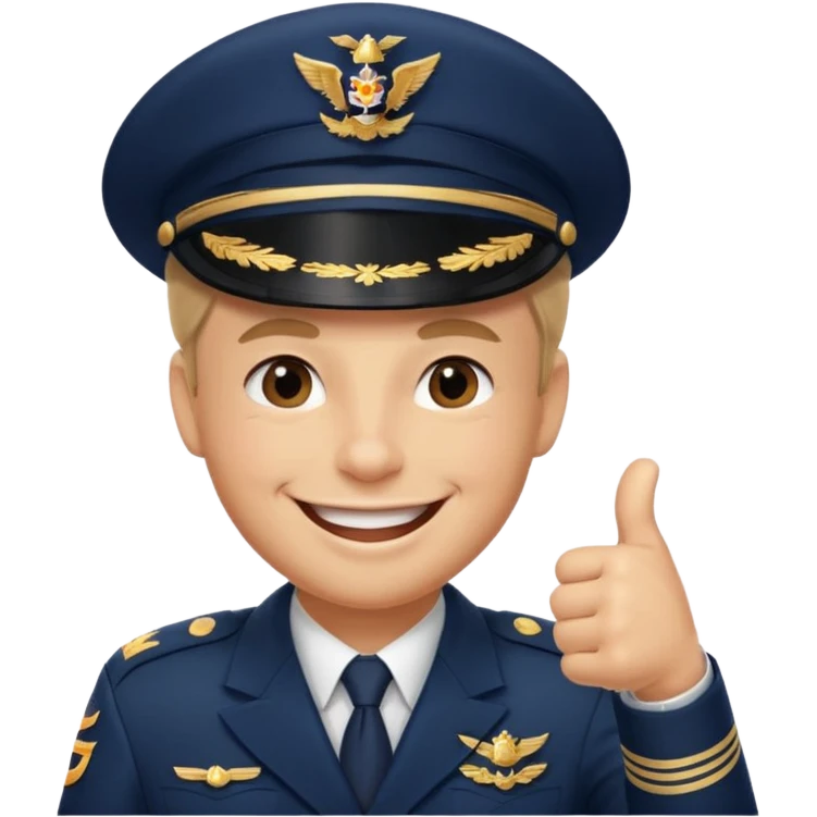 Slack-style emoji of a pilot wearing a slightly tilted navy captain hat, giving a thumbs-up, big cheerful smile, eyes closed or happy squint emoji