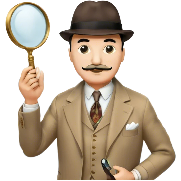 A cinematic-style frame showing Hercule Poirot in his iconic suit with a magnifying glass in a dramatic detective pose. Background should be mysterious city, a board with photos of suspects, clues like fingerprints. Transparent background. emoji