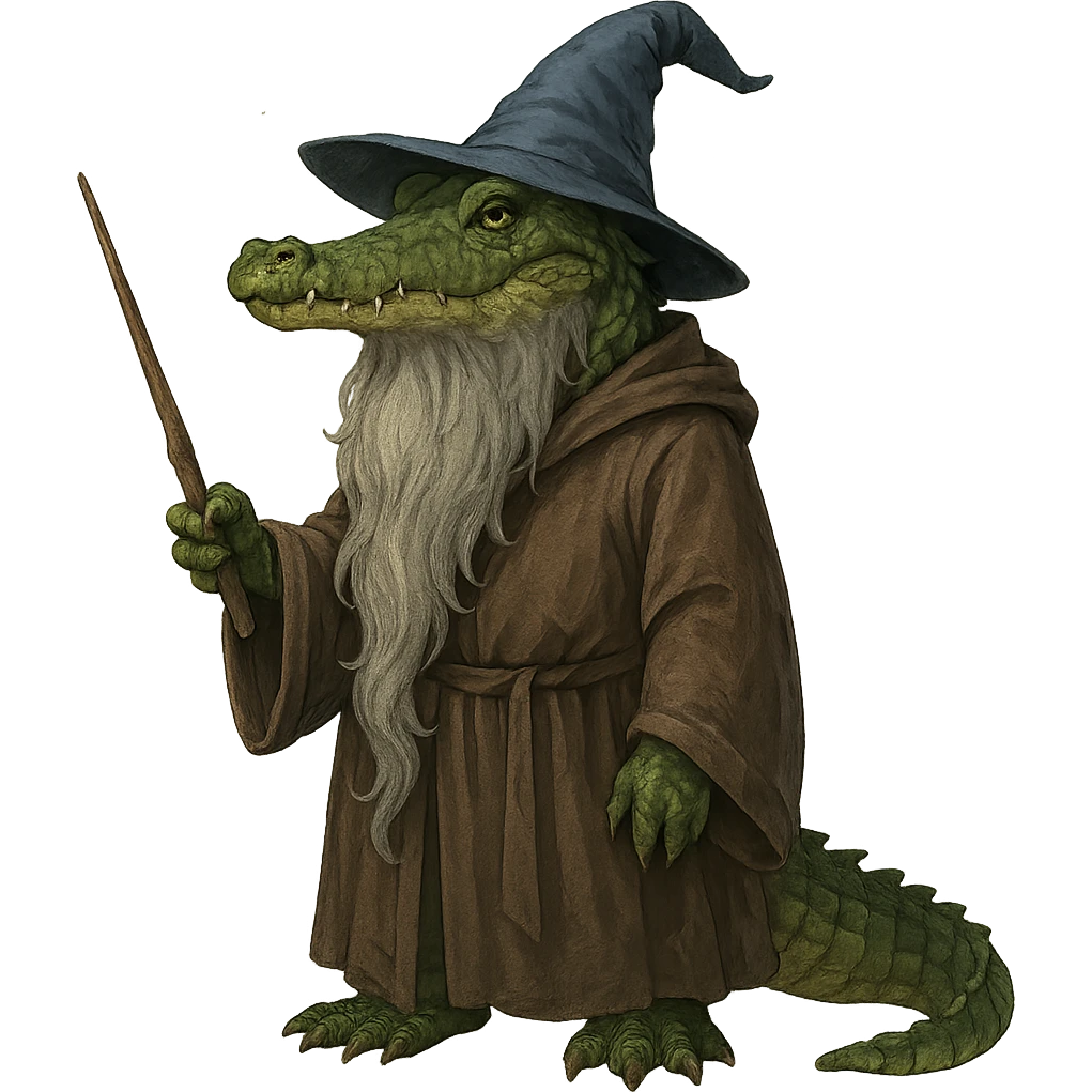 alligator wizard with a long beard and robe, holding a wand emoji