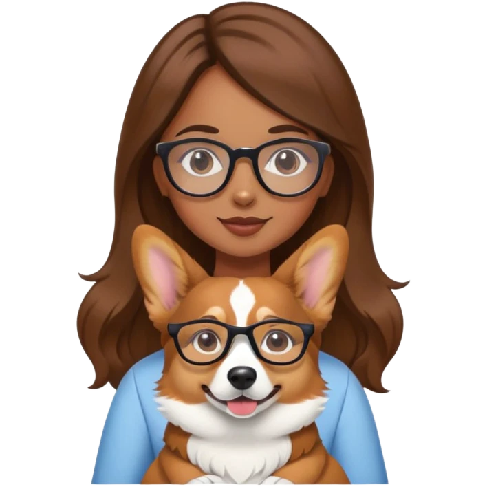 A girl with long brown hair and glasses is holding a corgi emoji