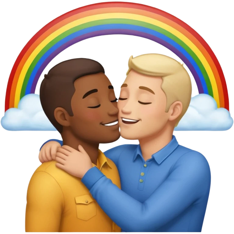 make 2 seductive men kissing and holding flying on a rainbow emoji
