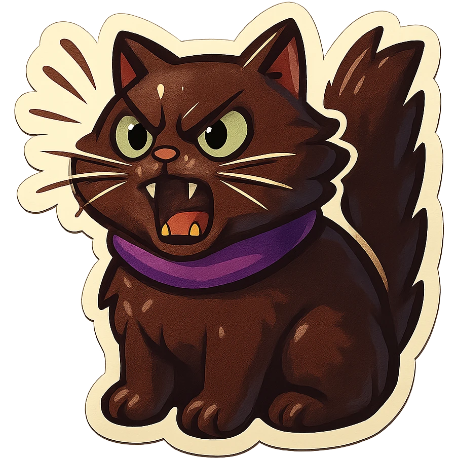 Fluffy angry livid screaming hissing cute dark-brown cat with green eyes and a purple scarf  emoji