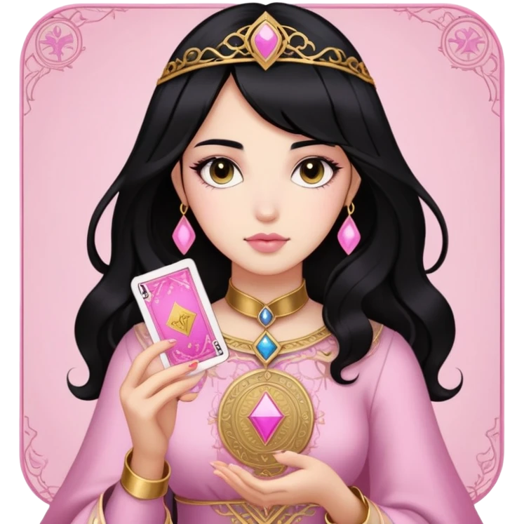 black hair girl with pink pink tarot gold cards emoji
