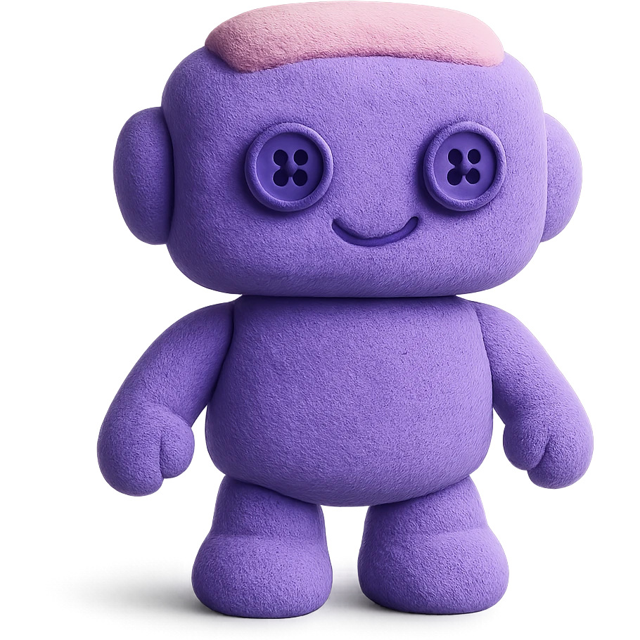 A plush robot with rounded edges, button eyes, and a friendly expression. The robot has a soft, huggable appearance with visible fabric texture. emoji