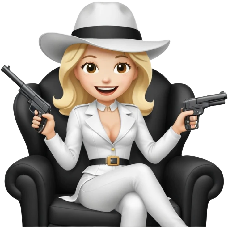 Mafia blondes Laughter lol woman in hat , gun ,black armchair , white costume  emoji