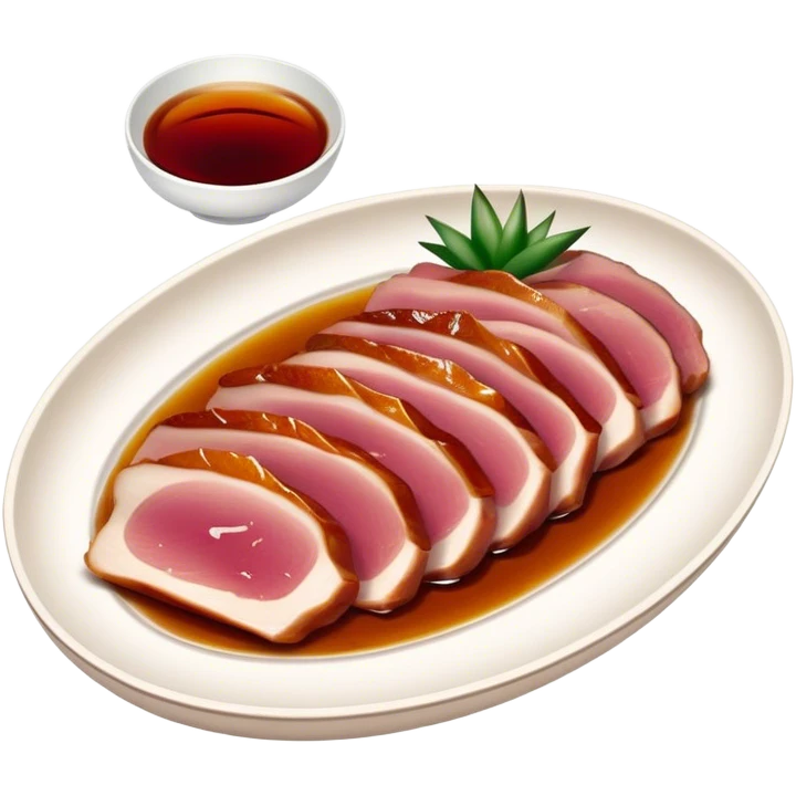 Peking Duck Cinematic Realistic Peking Duck Dish Emoji, depicted as thinly sliced duck breast with crispy skin and succulent meat, rendered with vivid textures and dynamic, appetizing lighting. emoji
