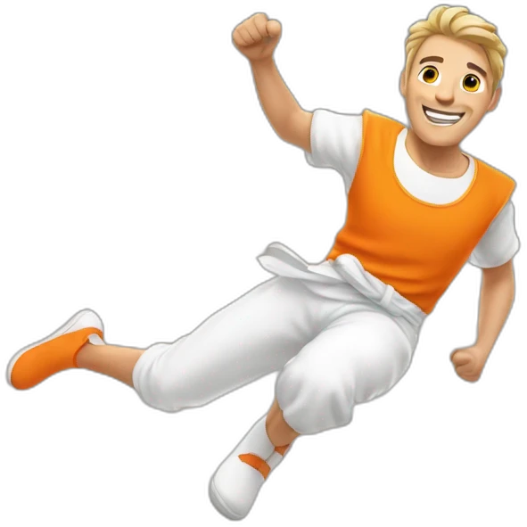 male parcour athlete in orange white cloths, captured mid-air emoji