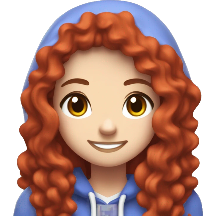 a white girl with long red curly hair and freckles, wearing periwinkle Minecraft hoodie playing a videogame smiling emoji