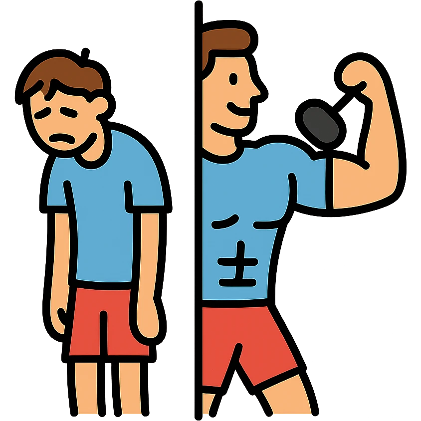 in the picture is devided in to two parts, at the first the sportsman is weak and lazy, but at the second picture the same sportsman is very strong because he doing a workout regularly emoji