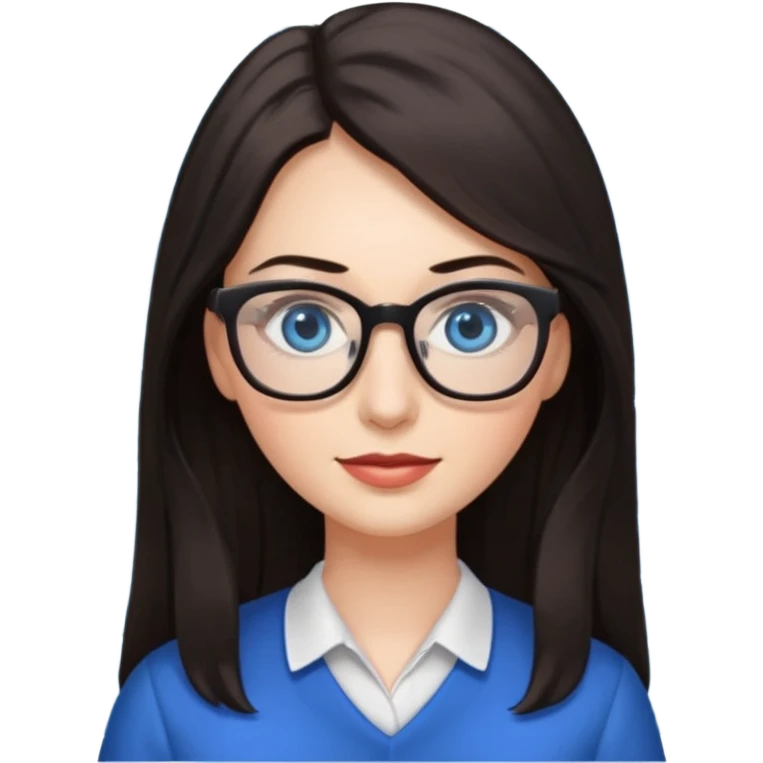 long dark hair, blue eyes, glasses teacher female, eyelashes emoji