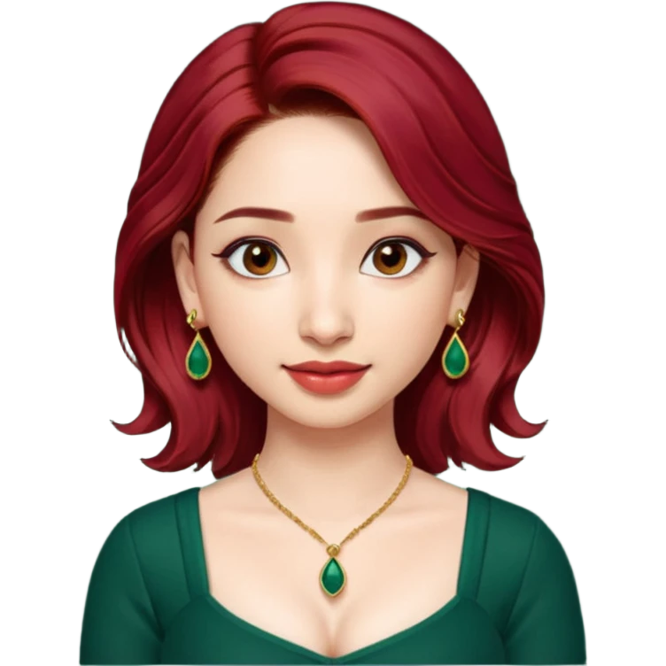 pretty bratz genmoji that looks like tamannah bhatia (bollywood actress), wearing a dark green sweetheart neckline top, dark red hair, light makeup, no necklace, dangly earrings, side hair part, dark brown eyes,  emoji