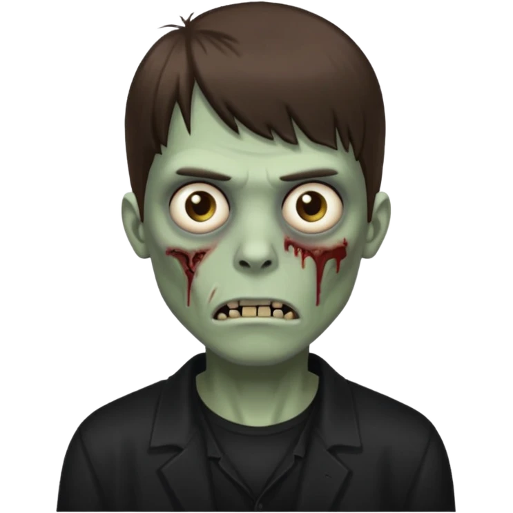 a zombie with dark circles under his eyes and medium brown hair with straight bangs, wearing black clothes
 emoji