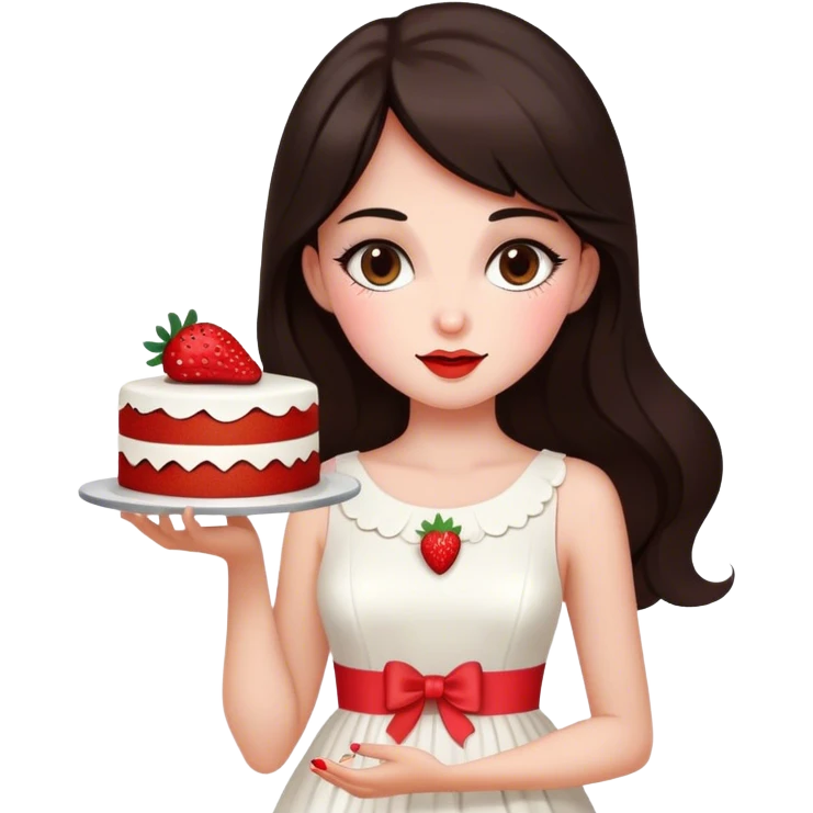 Beautiful woman in 1965’s woman fashion look, white dress, long dark brown hair, strawberry cake emoji