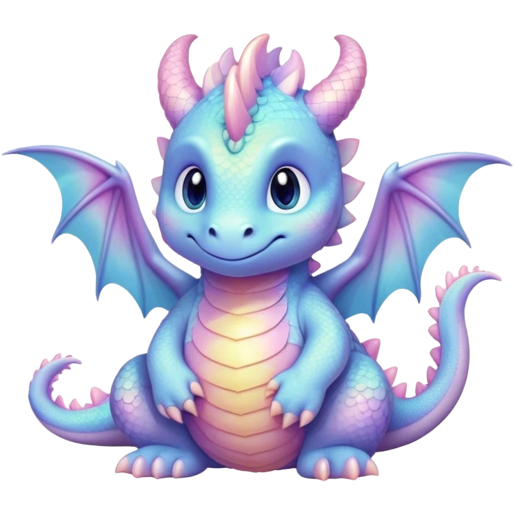 Cinematic fluffy pastel dragon, tiny round wings, chubby feet, sparkling gentle eyes, delicate glowing scales, soft colors blending magically, enchanting and whimsical. emoji