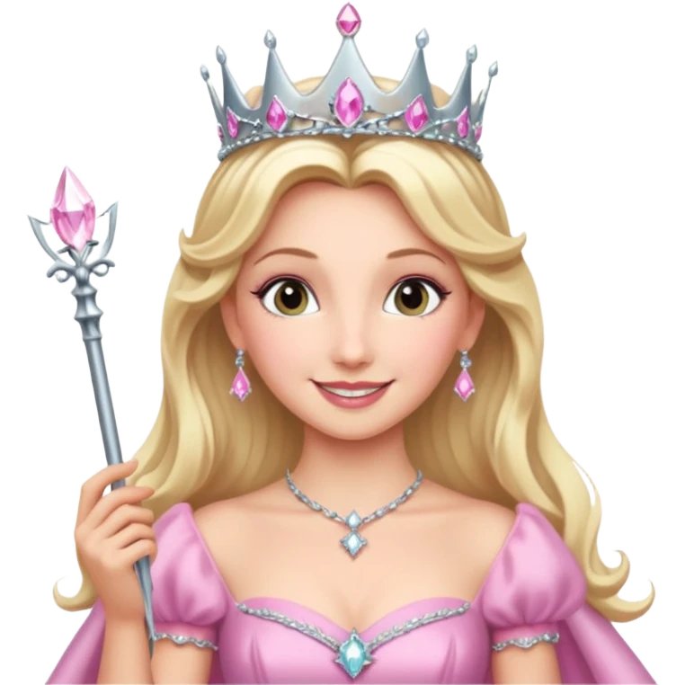 glinda the good witch from wicked movie, blonde hair, beautiful, big silver thin tiara, wand, pink gown emoji