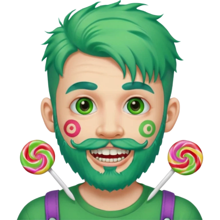 very colorful puffy green haired man just beard  no mustache made out of candy wearing teeth-braces and excessive face tattoos just face  emoji