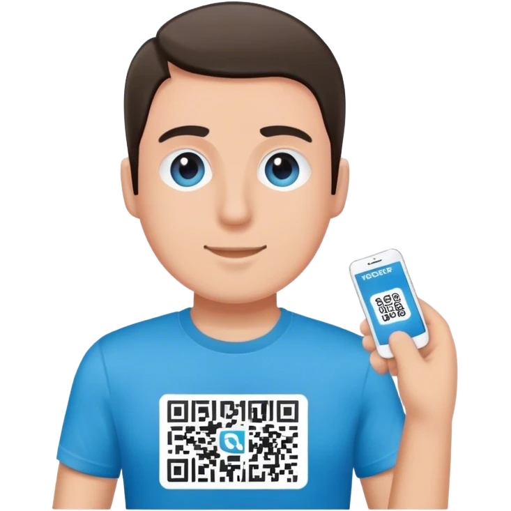 Man with pacific blue t-shirt that read a QRCODE in a ticket emoji