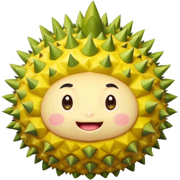 round durian character with green spiky shell and yellow flesh, blushing and shy with sparkly eyes emoji