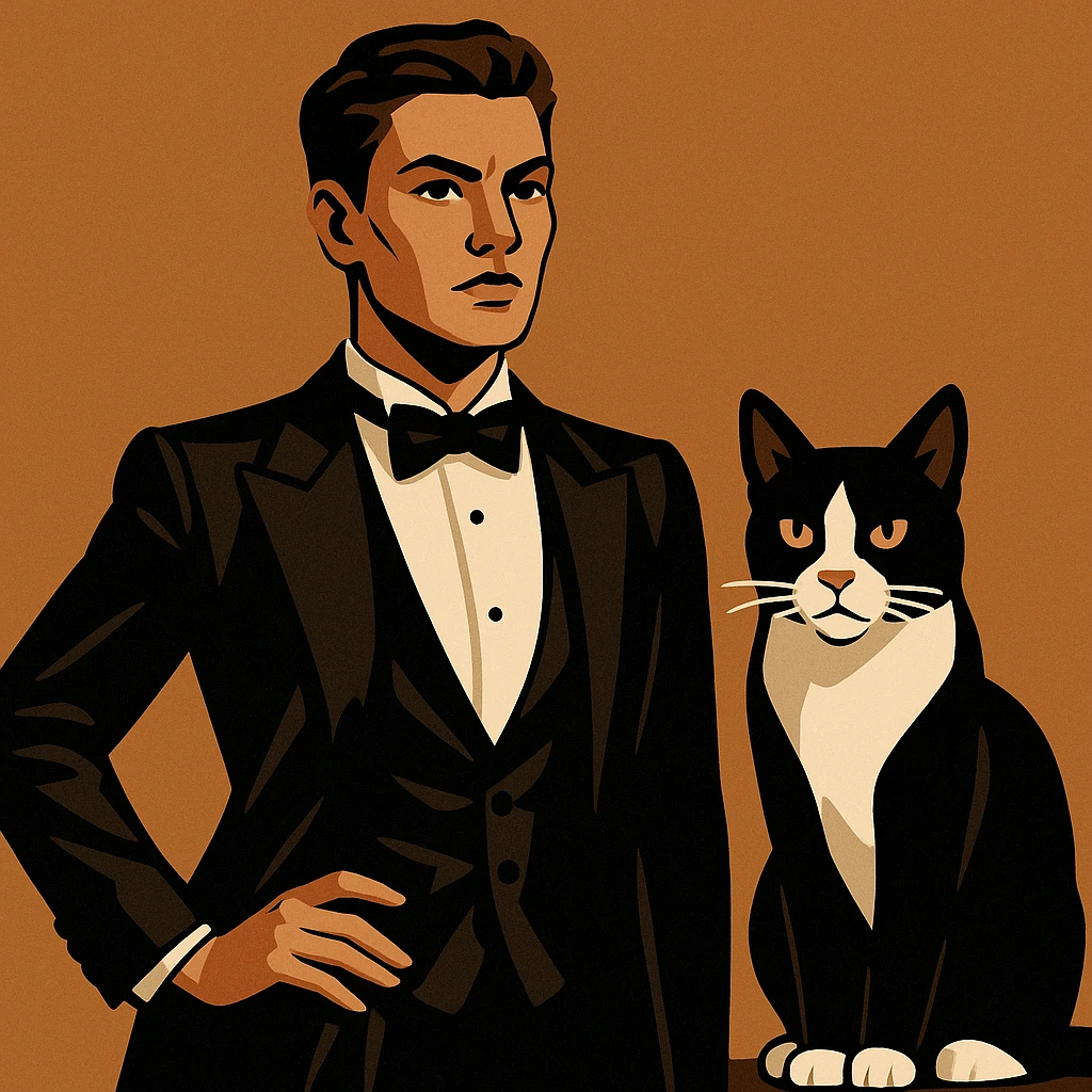 masculine woman with short brown hair and a tuxedo cat, style 2 emoji