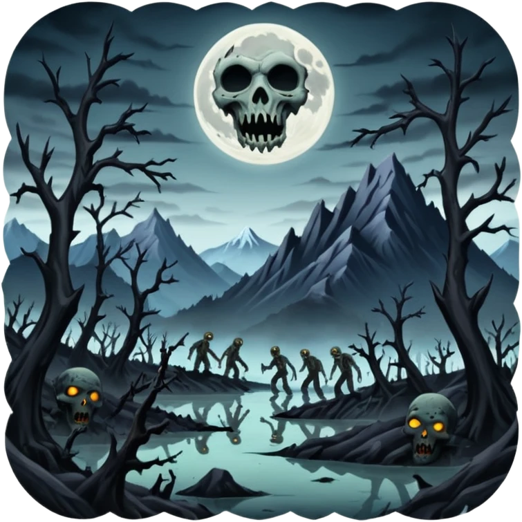 A dark creep Alaskan land scape with rotting trees and zombies rising from the ground infront of evil looking mountains with a cloudy evil moon. emoji