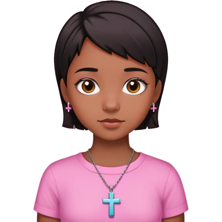Teenage girl with brown skin and is short black haired wearing pink shirt and cross necklace emoji
