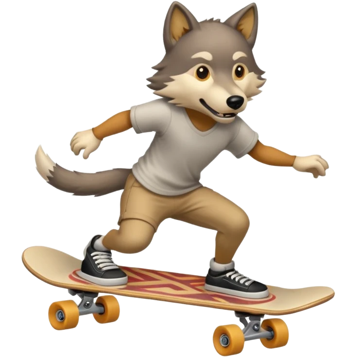 A wolf prepares to perform a trick on a skateboard emoji