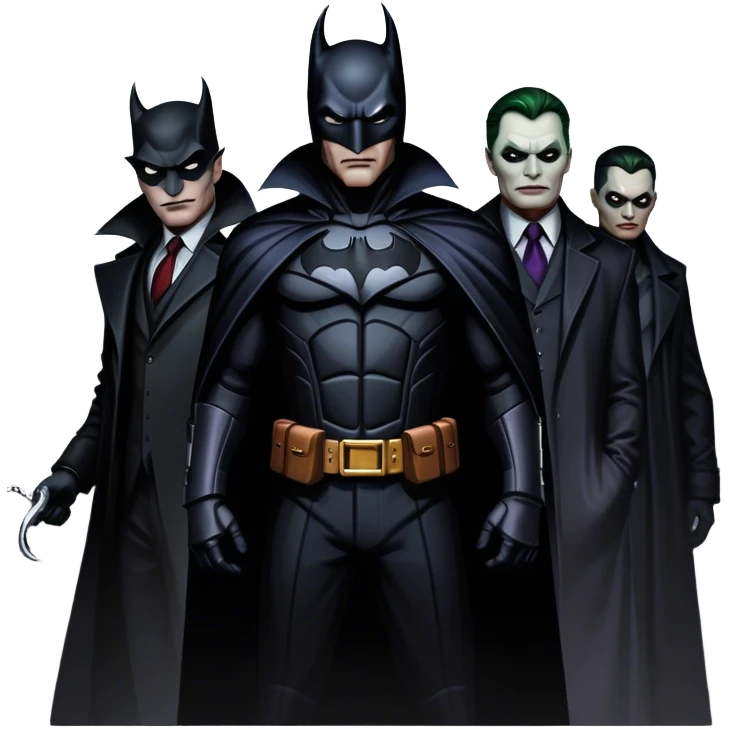 Icon for Thriller Movies: A large, dramatic collage featuring sinister villains in dark clothing. The background shows the gloomy cityscape of Gotham, with dim lighting and eerie shadows. The atmosphere should be tense, mysterious, and suspenseful. Transparent background. emoji