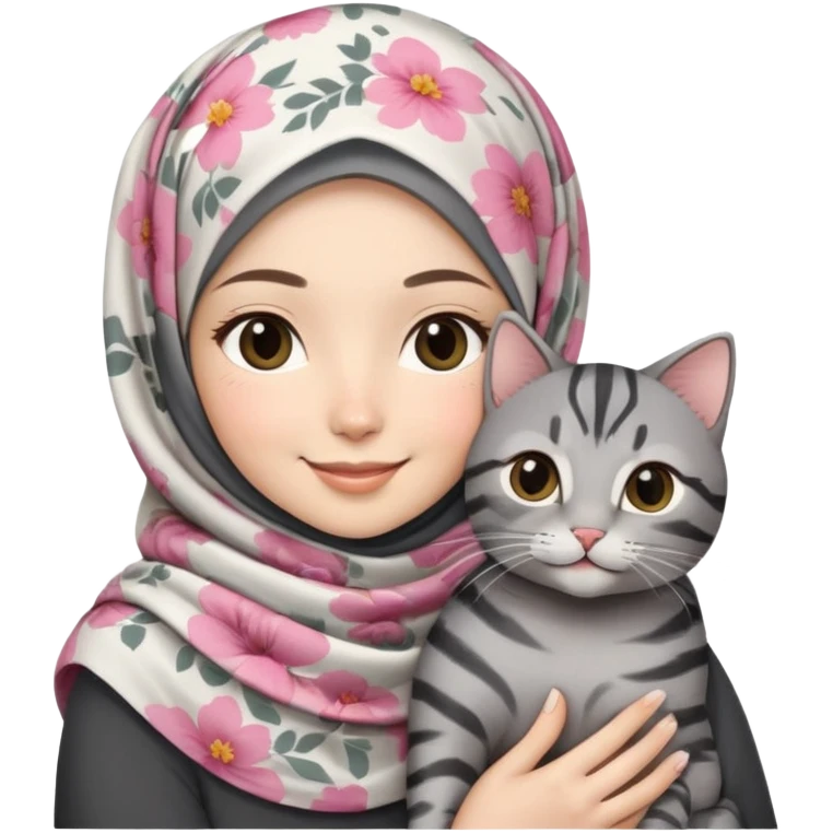 Asian White girl wearing flower-pattern hijab holding a black grey tabby cat while smiling emoji