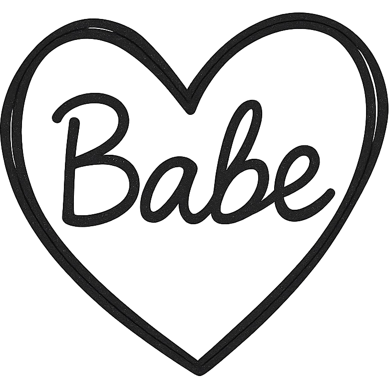 the word 'Babe' in bold white marker handwriting on a black heart, hand-drawn, high contrast emoji