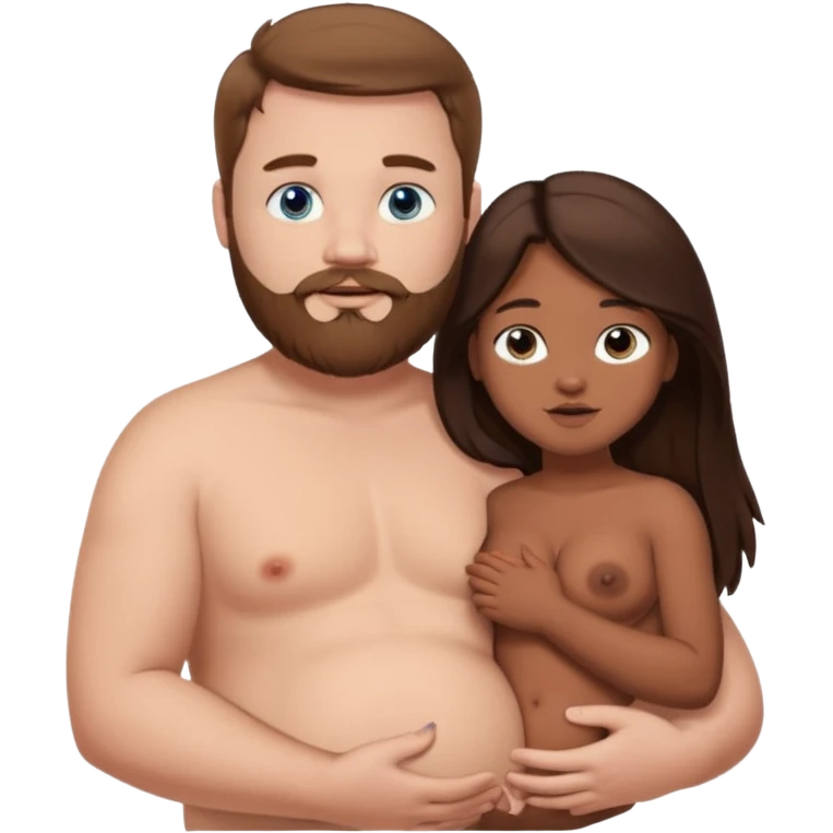 chubby white guy with brown hair and beard and blue eyes, holding a brown girl with long dark hair and dark brown eyes in arms, naked, showing tits emoji