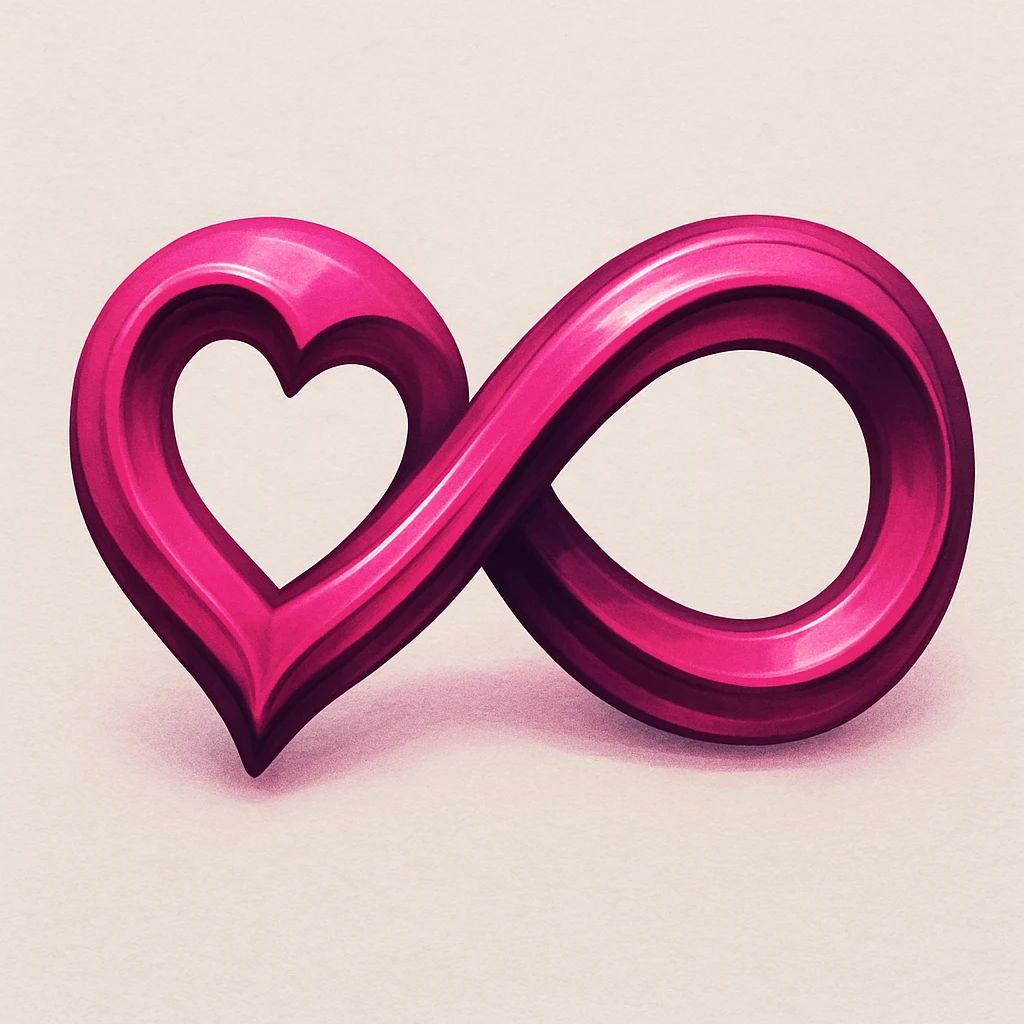 A pink infinity symbol with very expressive, deep shadows and highlights, the heart integrated into the left loop of the infinity, blending smoothly with the overall shape. emoji