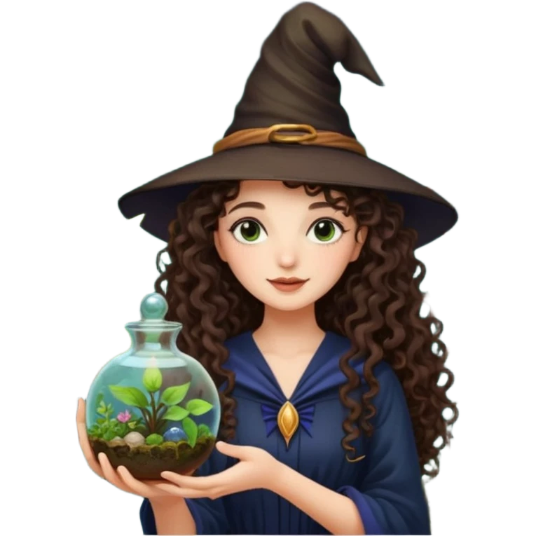 A long curly haired brunette girl with a moon, witch hat, holding a plant terrarium emoji