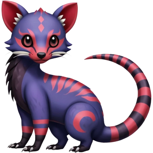 Rare warm-colored exotic gloomy tropical edgy cute epic aesthetic spooky indigo violet white black red gothic colorful Salandit-Furret-Civet-species-Fakemon-hybrid-creature, with tribal tattoo markings, full body emoji