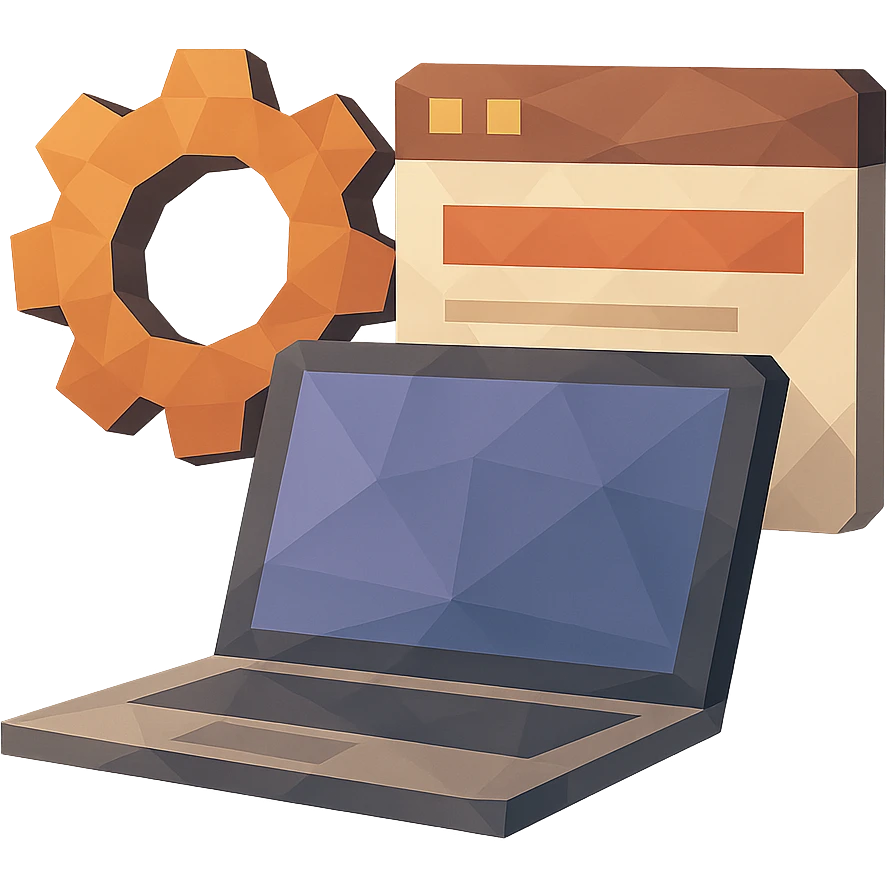 toolkit for a full-stack web developer, showing a laptop, gear, and browser window, polygonal style emoji