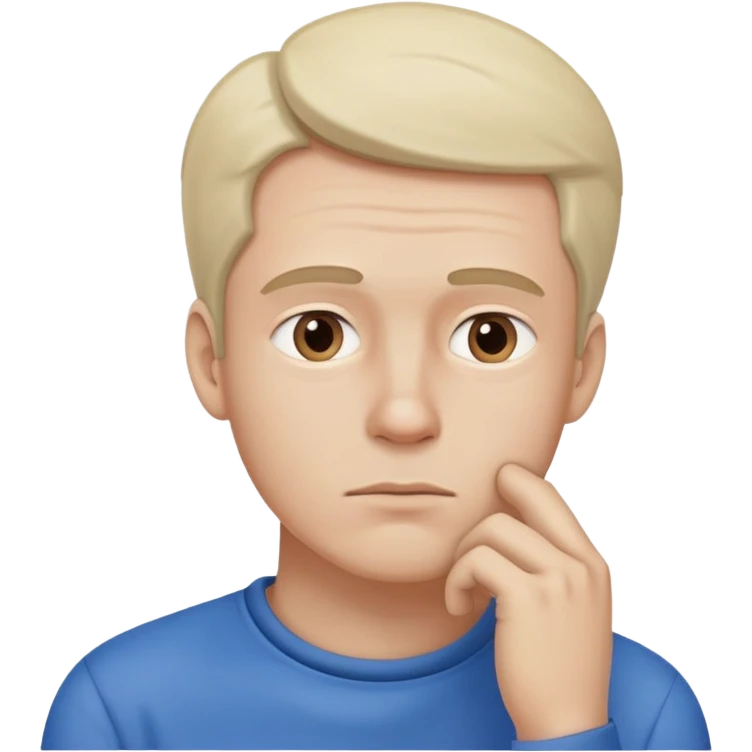 A male character in blue clothing, with a thoughtful expression and hand resting on his chin, symbolizing deep thinking.  emoji