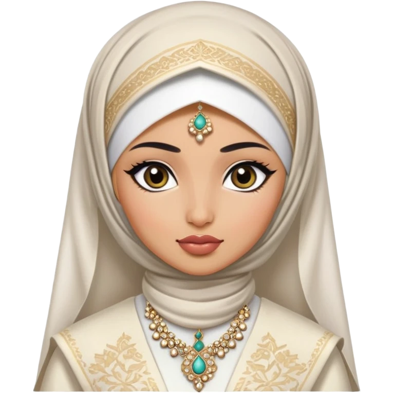 Central asian, pretty lips, central asian clothes, medium skin, hijab, jewelry, pretty bratz baddie, black eyeliner, bride emoji