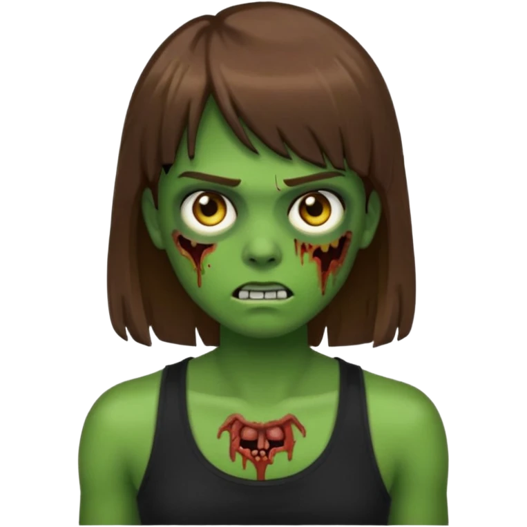 Crie um emoji de zumbi do iphone que tenha o cabelo castanho médio, de cumprimento no peito, que tenha uma franja no tamanho da sobrancelha, com os olhos escuros e que use uma regata preta emoji