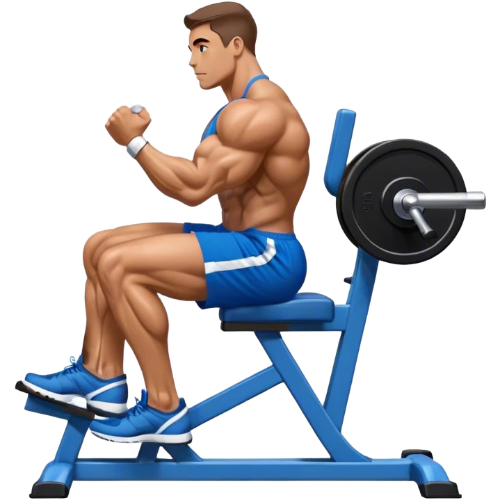 side-view bodybuilder in blue shorts seated weighted calf-raise machine on his tip toes emoji