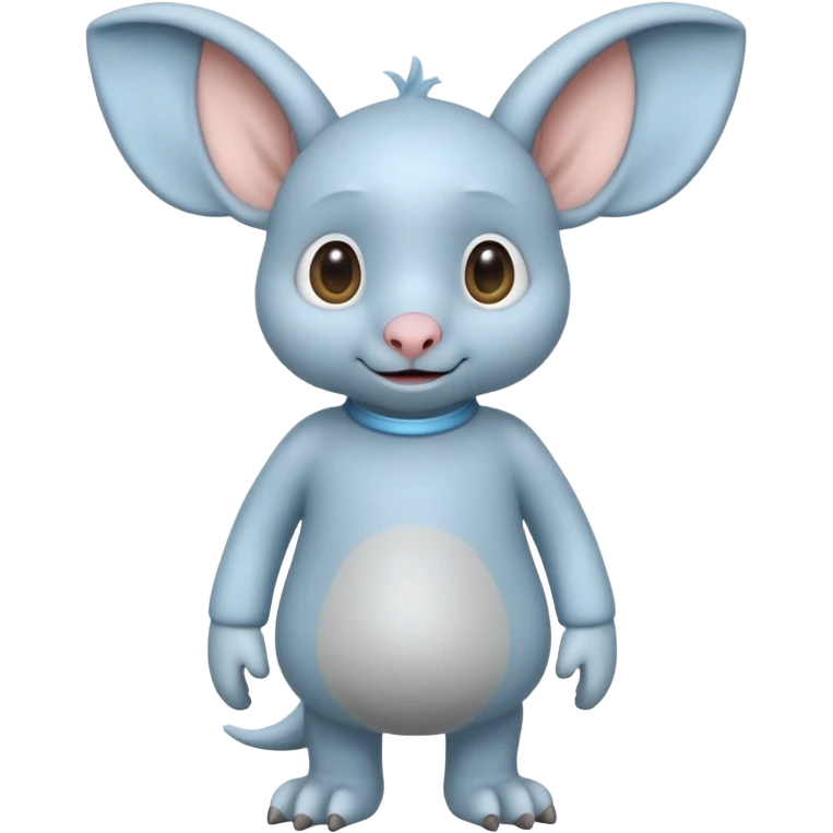 full body ...it has 1 eye....stands upright and looks intelligent ...wears clothing. is light grey and light blue..looks happy and cuddly... doesnt have eyes on face,remove the 2 eyes on face. . there is a appendage coming from top of head with a single large e emoji
