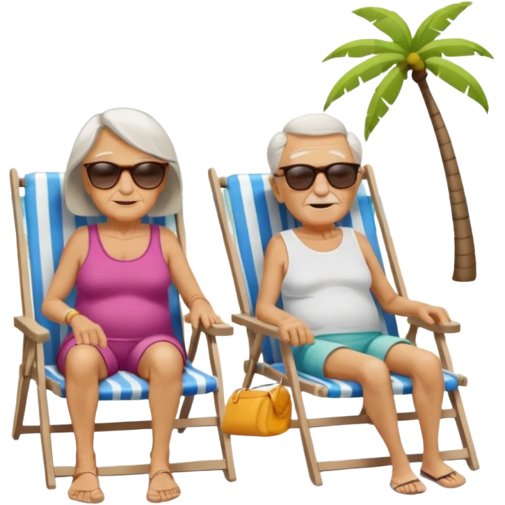 an emoji that shows elderly one woman and one man, both are retired and are lying in sun-chairs at the beach to recover from retiring-stress emoji